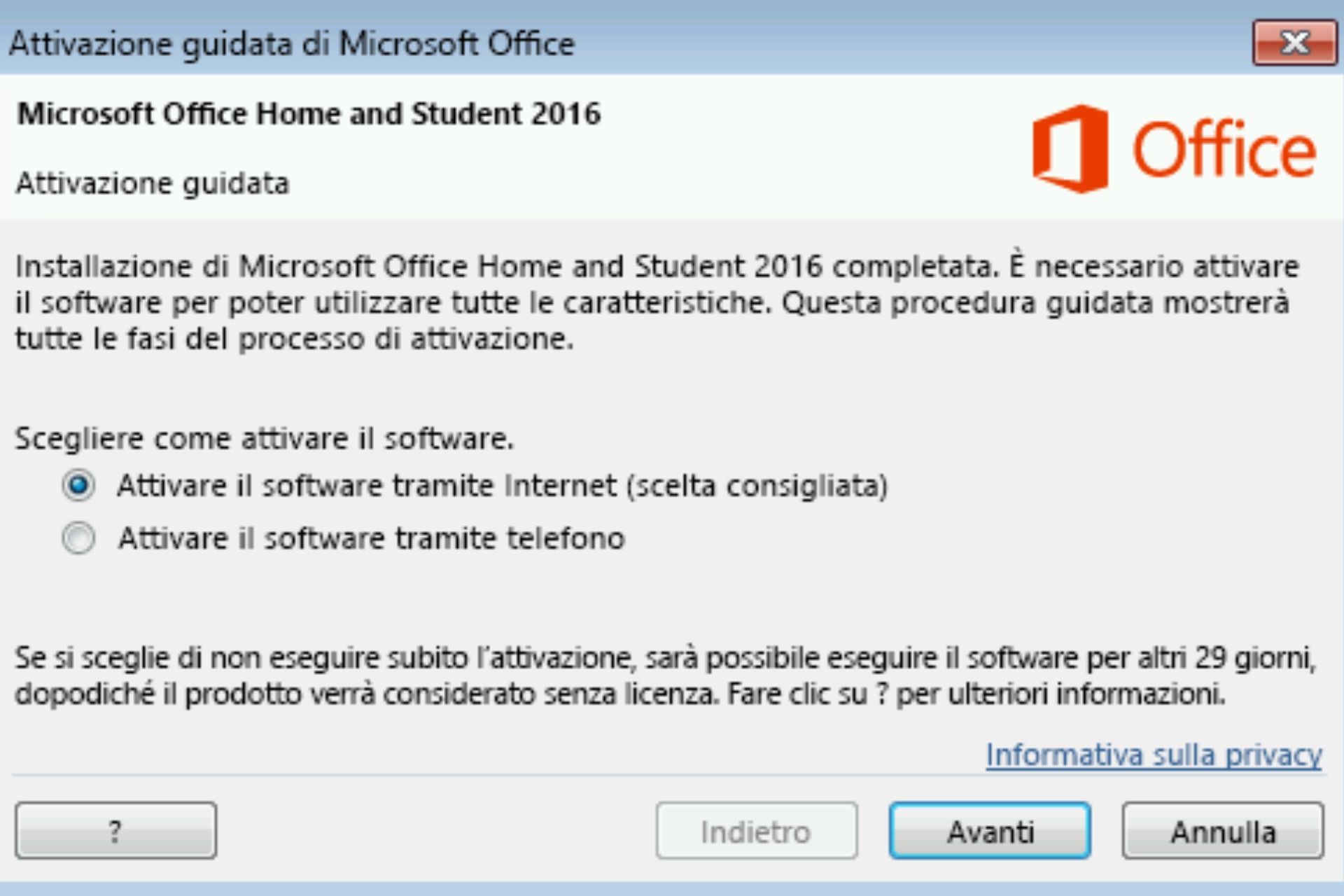 Attivare Office 2016